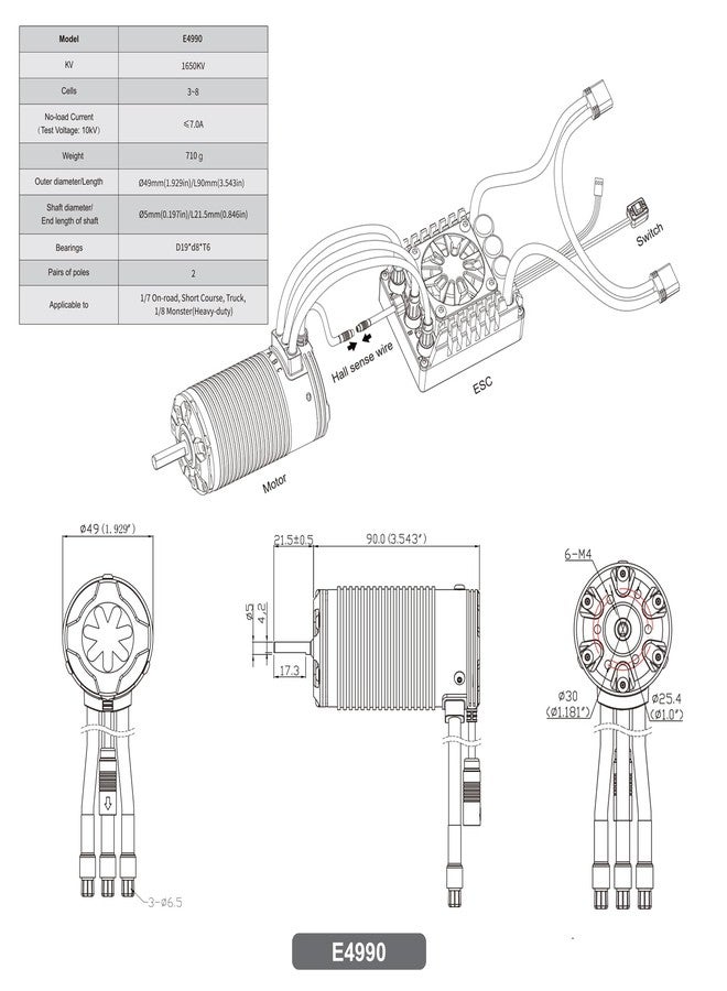 أكس سي محرك XC E4990 بدون فرشات مزود بمستشعرات لسيارات التحكم عن بعد، بطارية ليثيوم بوليمر 3-8 خلايا 1650 كيلو فولت، مقاوم للماء بمعيار IP67، مناسب لسيارات الطرق الوعرة بمقياس 1/6 و1/7، وسيارات السباق القصيرة. - Image 2